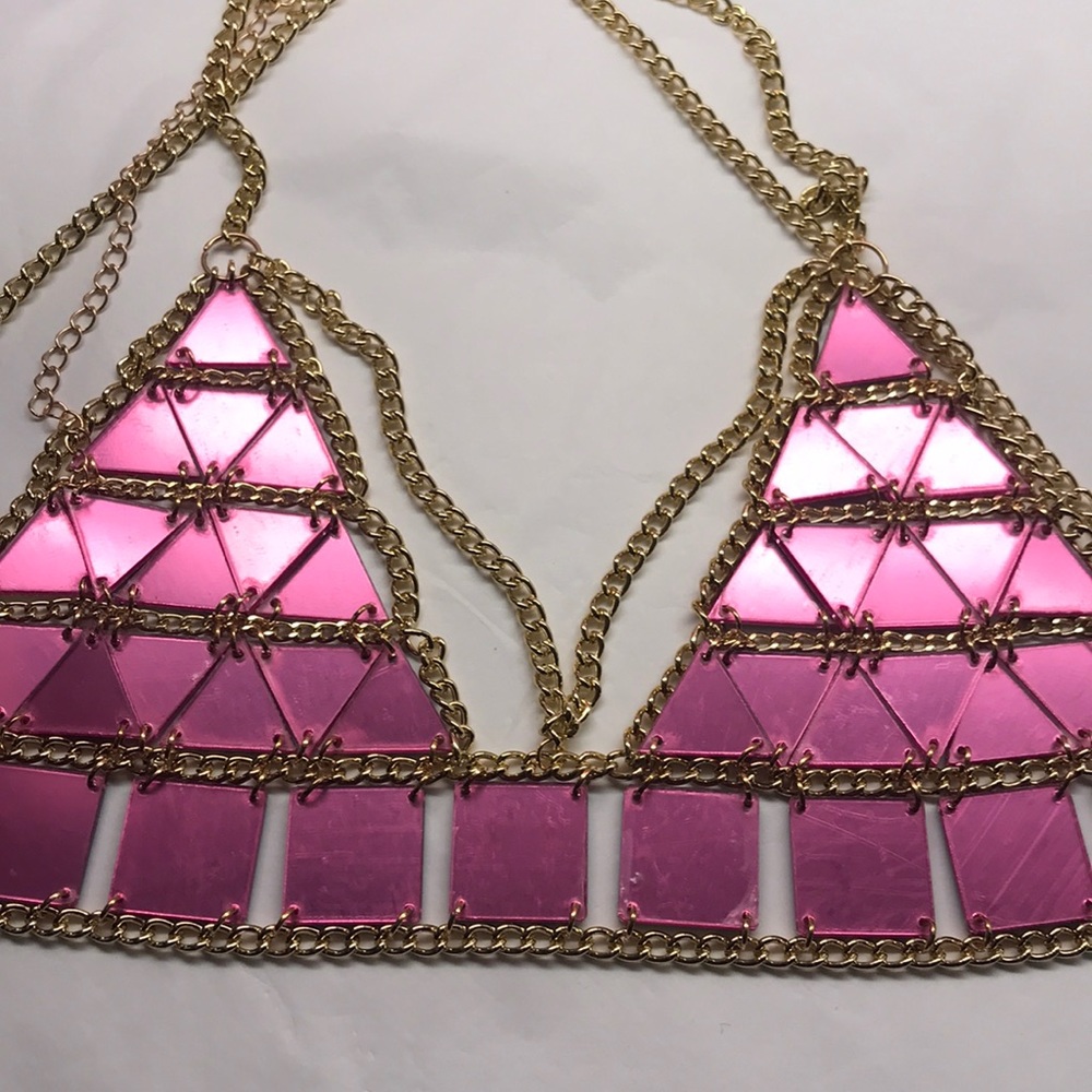 Pink sequin bra harness gold chain top hot metallic mirror festival bikini sexy